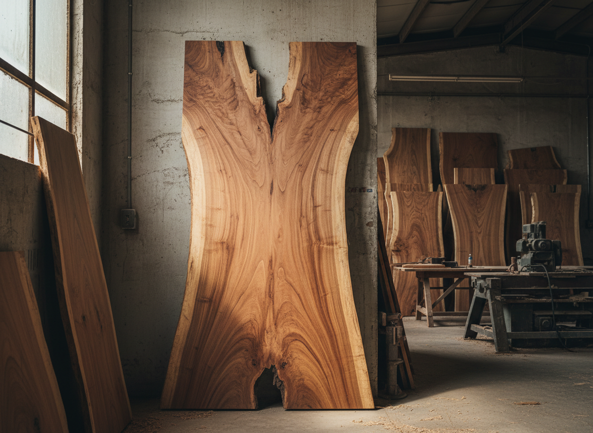Raw monkey pod wood slabs in warehouse