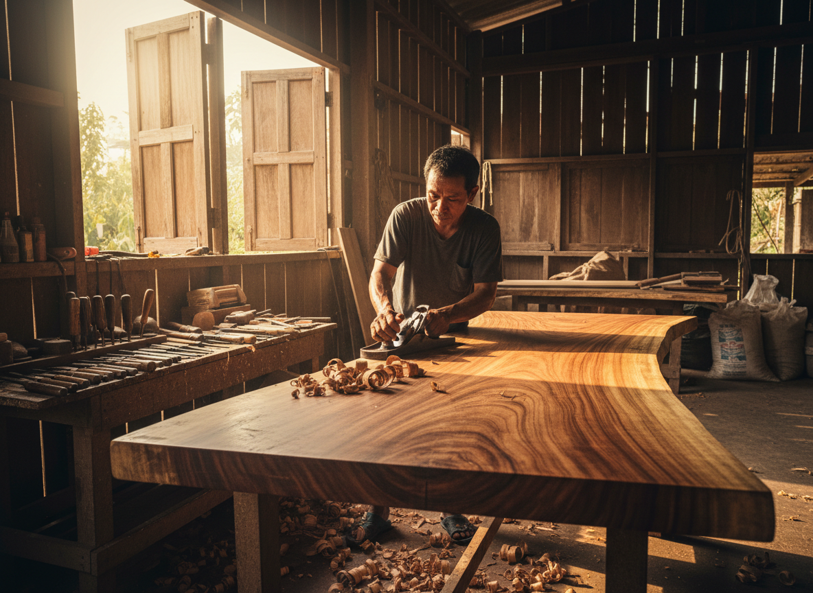Thai artisan crafting monkey pod wood