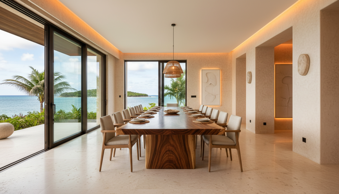 Luxury live-edge monkey pod dining table in modern coastal interior