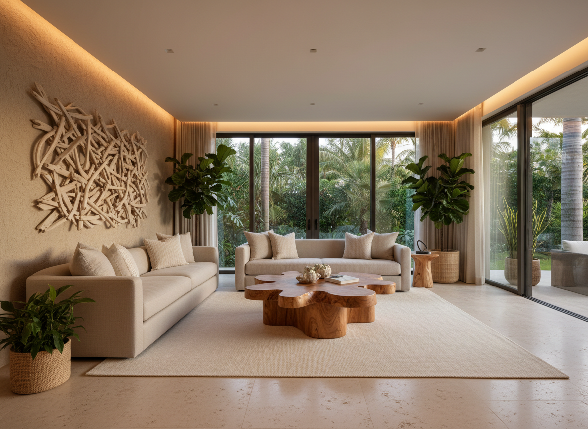 Luxury living room with sculptural wood coffee table