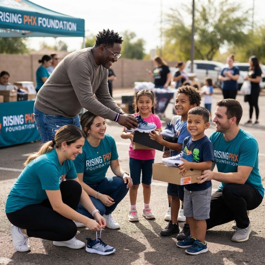 Rising Families FRWD volunteers handing out shoes to kids