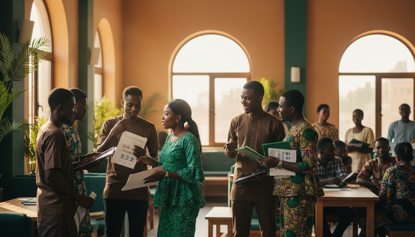 Diverse group of Nigerian citizens engaged in civic conversation