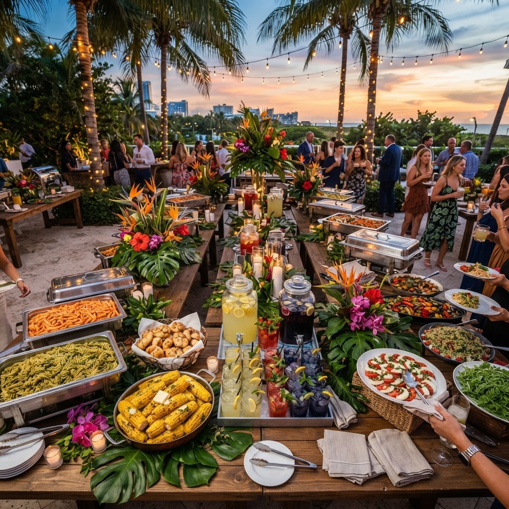 A full Le Pasta Miami catering spread