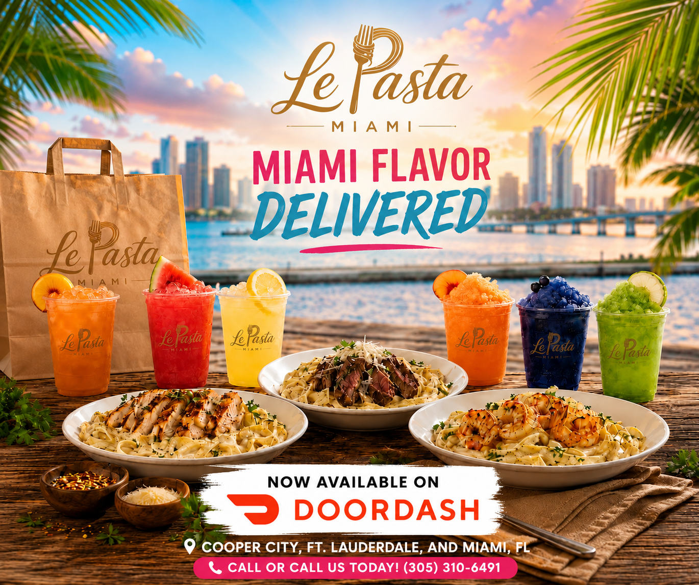 Le Pasta Miami — delicious pasta bowls, specialty lemonades and Miami Flavor Delivered catering spread at sunset