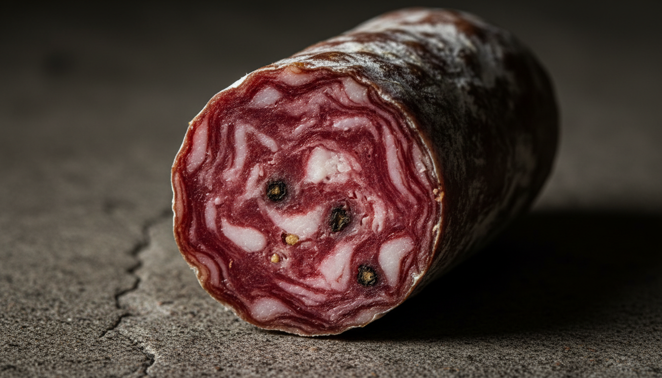 Saucisson artisanal en coupe macro