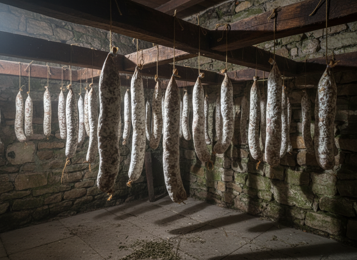 Saucissons suspendus dans le séchoir