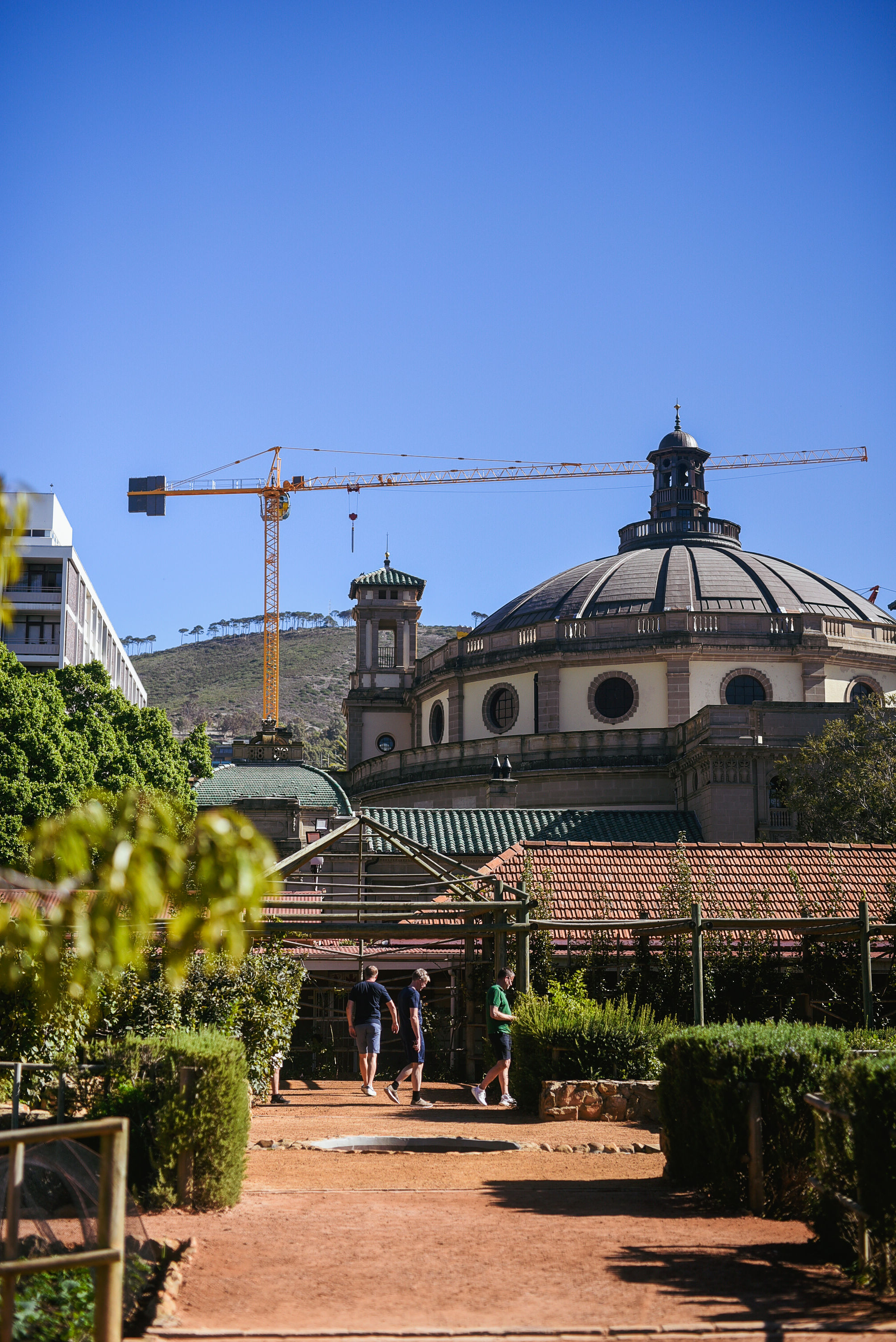 Visitors walking the garden paths towards a domed heritage building in central Cape Town