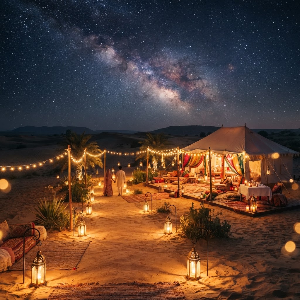 Romantic desert evening under lantern light