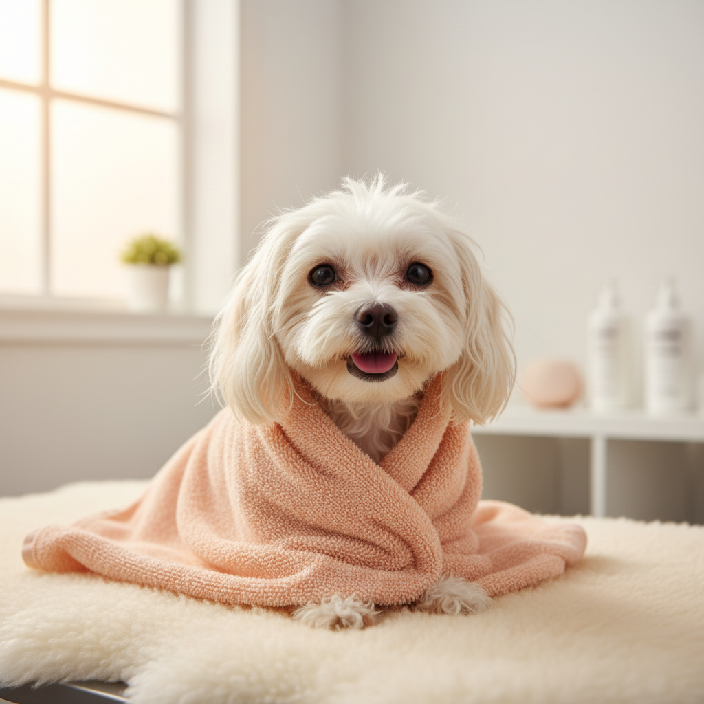 Chien heureux enveloppé dans une serviette