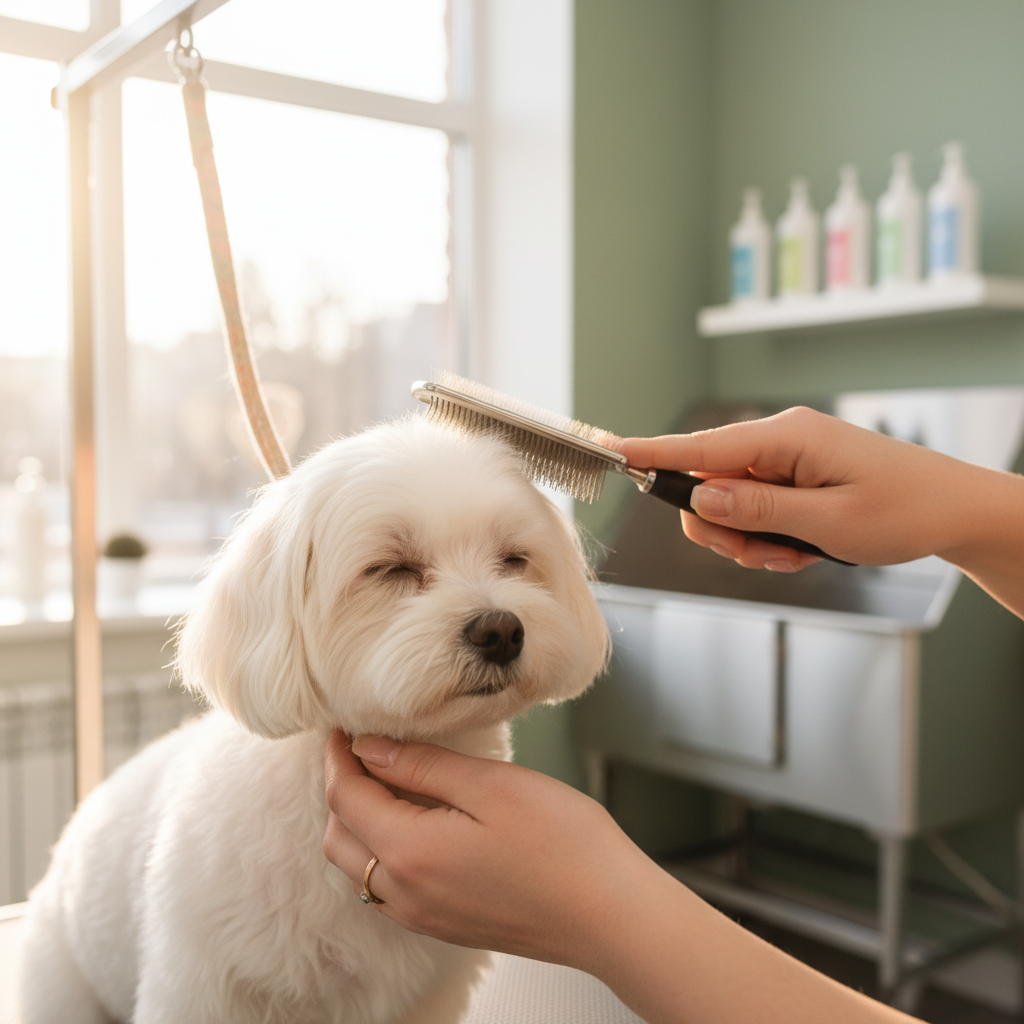 Chien brossé doucement lors du toilettage