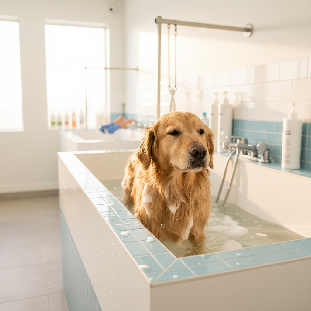 Chien prenant un bain calme dans le bac