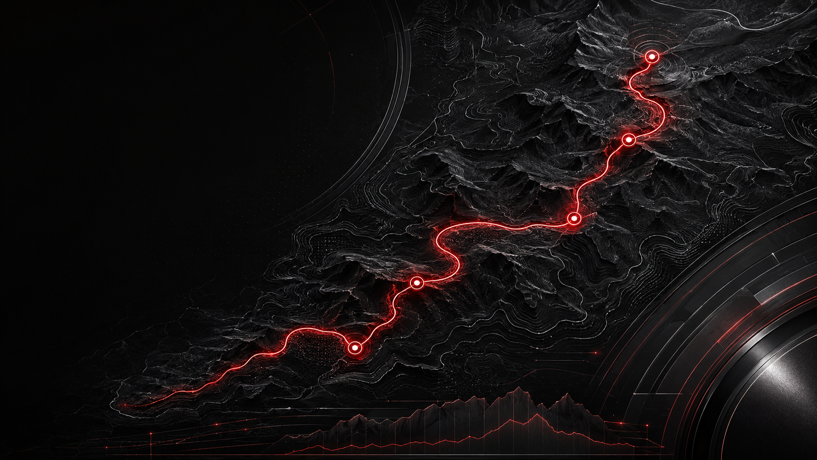 Crimson topographic route graphic tracing the experience route with waypoints and an elevation profile