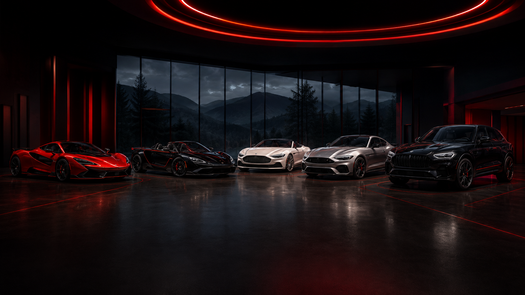 Red Key Club fleet gallery — supercars and a luxury performance SUV arranged in a mountain showroom at dusk