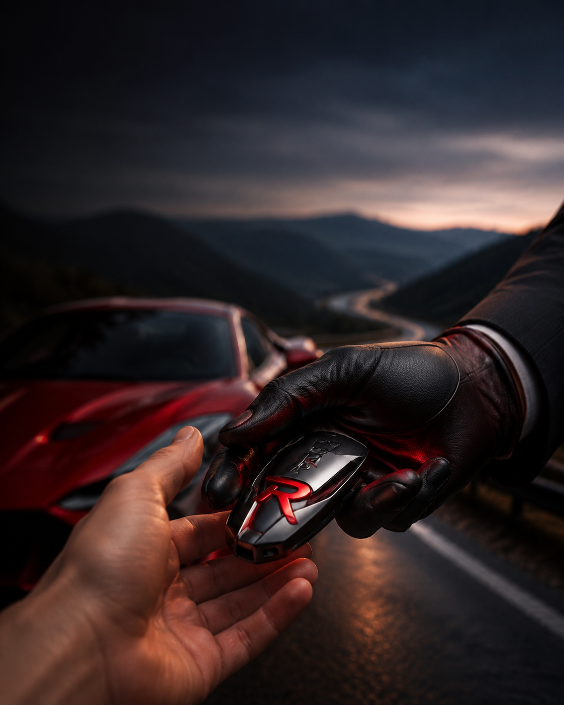 A Red Key Club concierge in driving gloves handing over a glowing red key fob on a mountain road at dusk