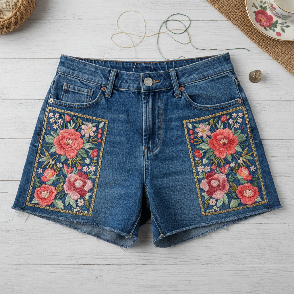 Embroidered Denim Shorts
