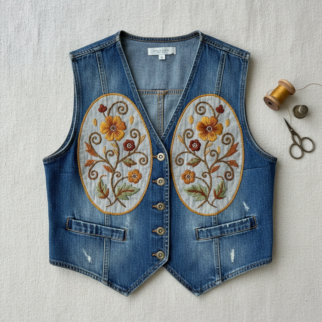 Embroidered Denim Waistcoat