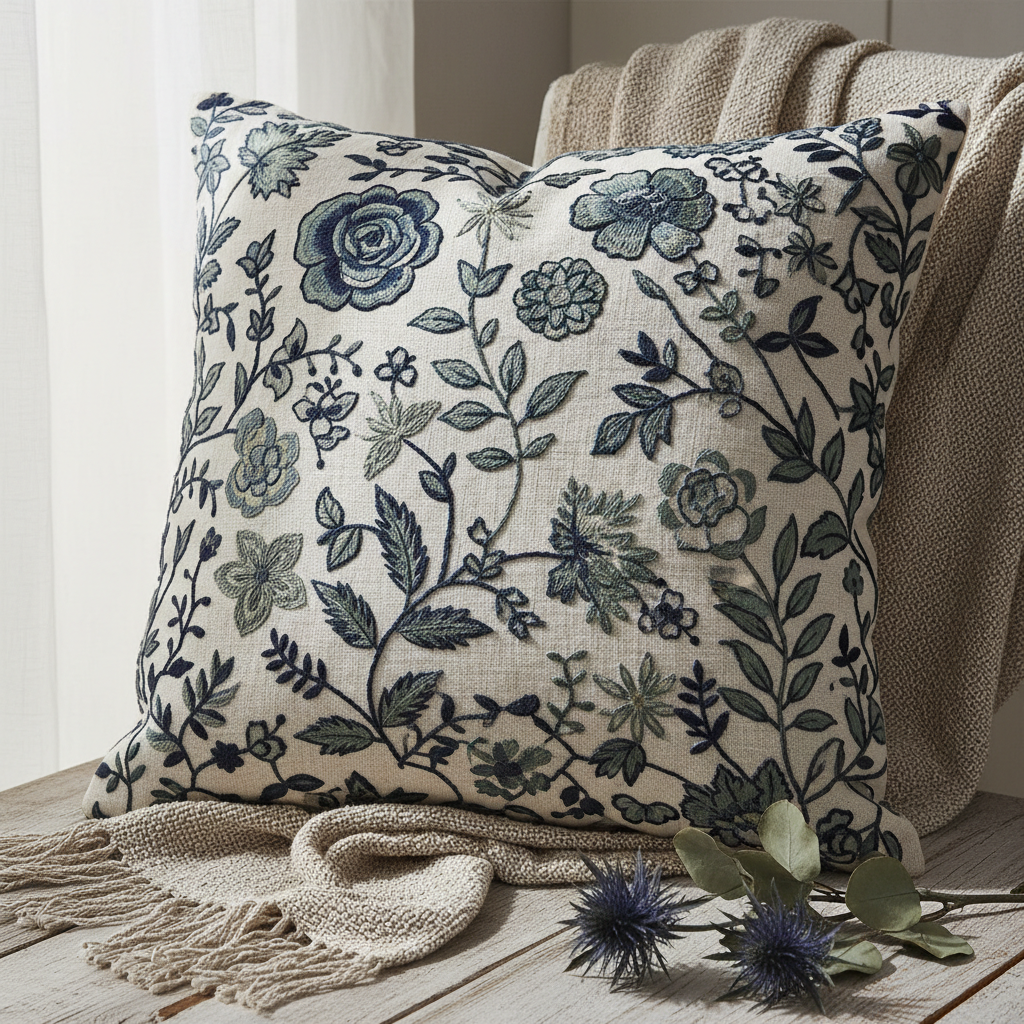 Midnight Garden Embroidered Cushion