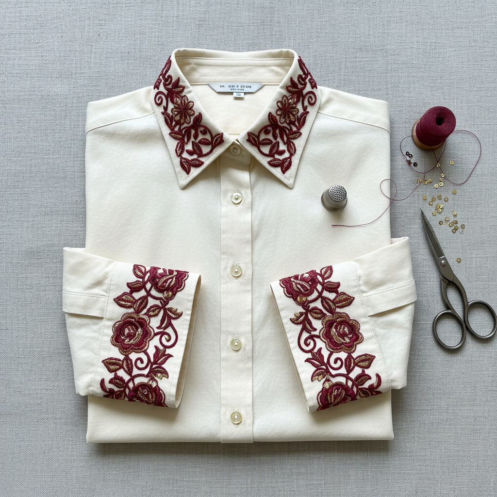 Burgundy Floral Embroidered Shirt