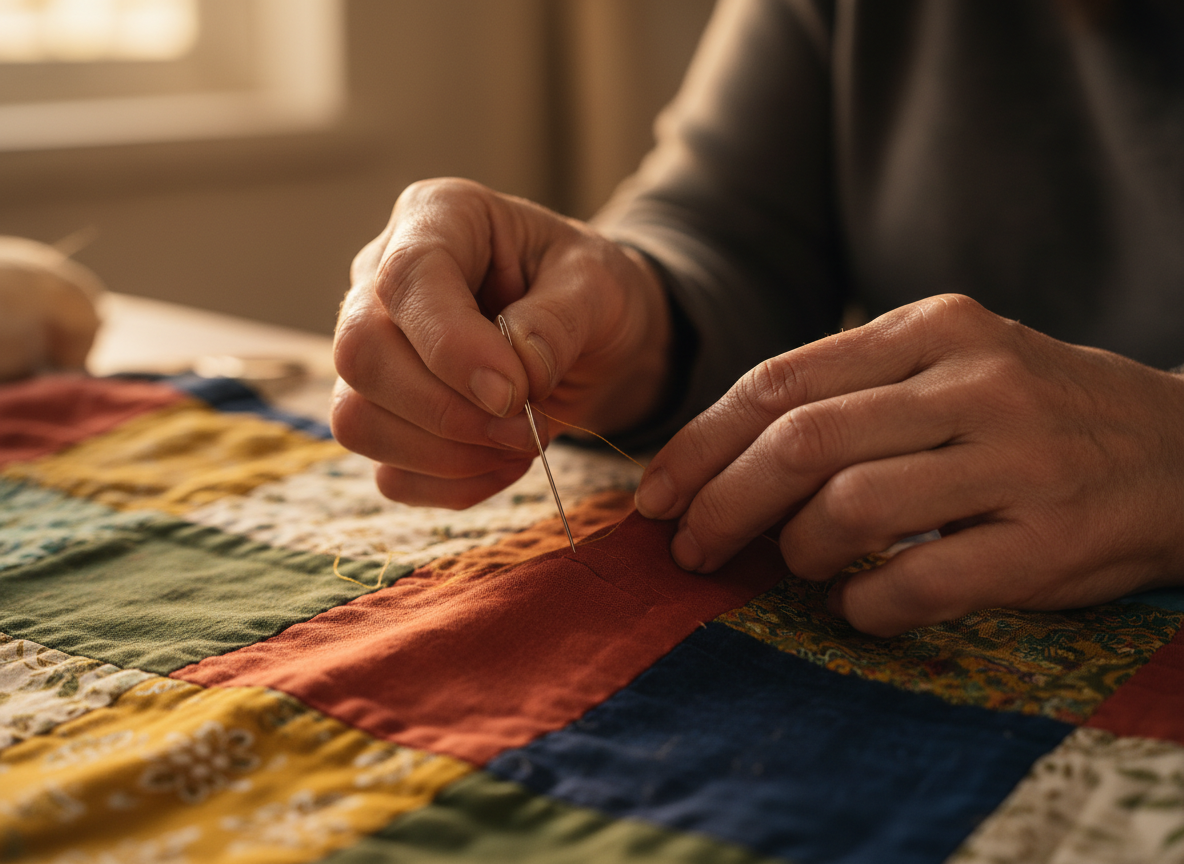 Artisan hands stitching a colorful patchwork quilt