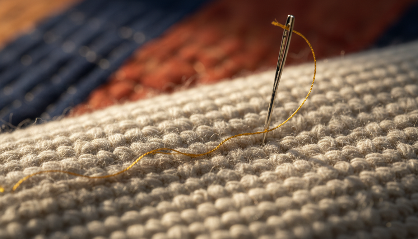 Golden thread being pulled through cream fabric