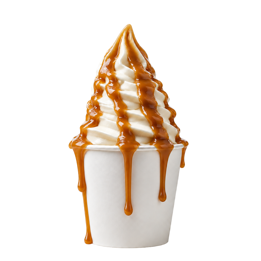 Soft-serve ice cream with caramel sauce