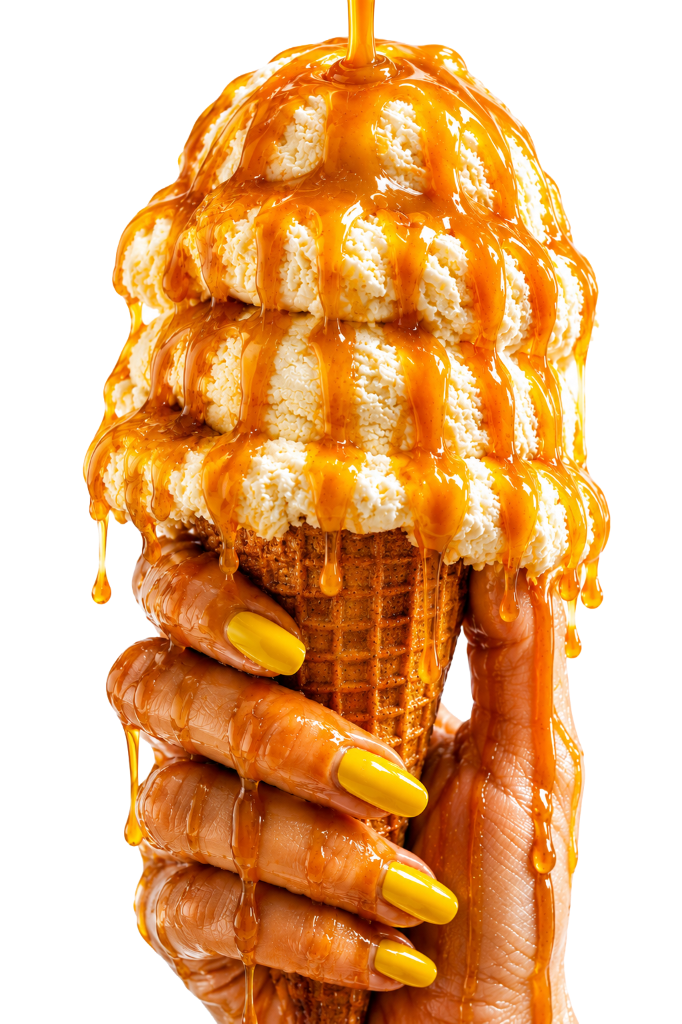 Ice cream cone with magenta sauce splashing