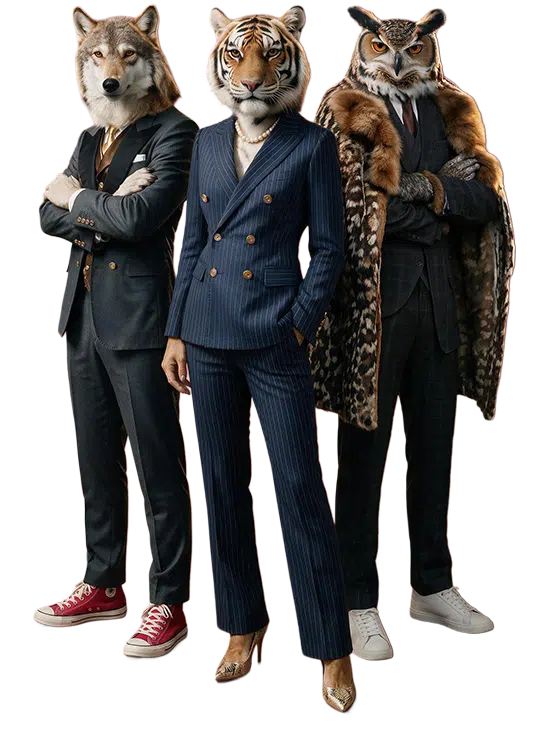 Three animals in tailored suits: a wolf, a tiger and an owl
