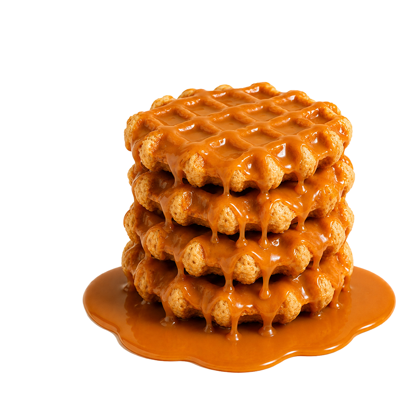 Stack of waffles with caramel sauce