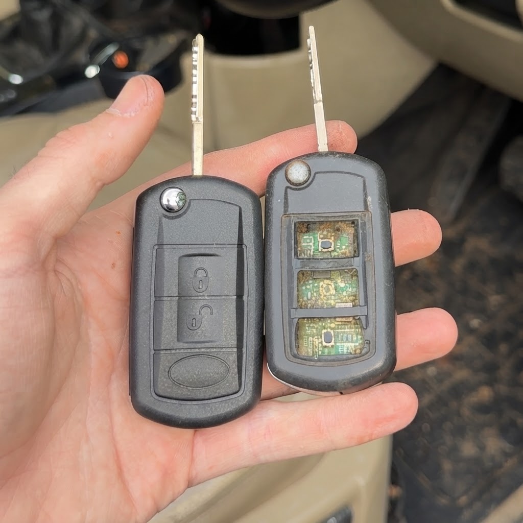 Damaged car key with button pad fallen off exposing the circuit board, next to a new replacement remote key inside the vehicle