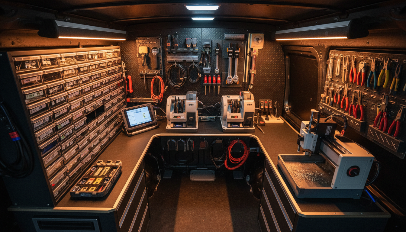 Professional mobile auto locksmith workshop with precision equipment