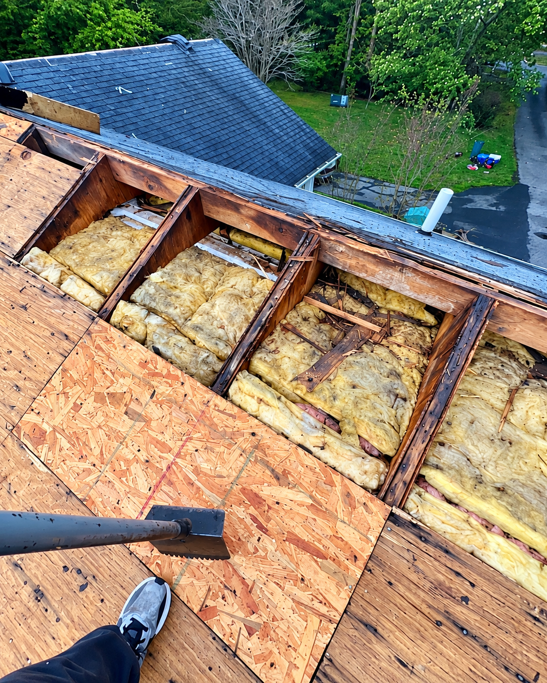 Roof repair and restoration — exposed roof structure and decking during a Grounded LLC repair