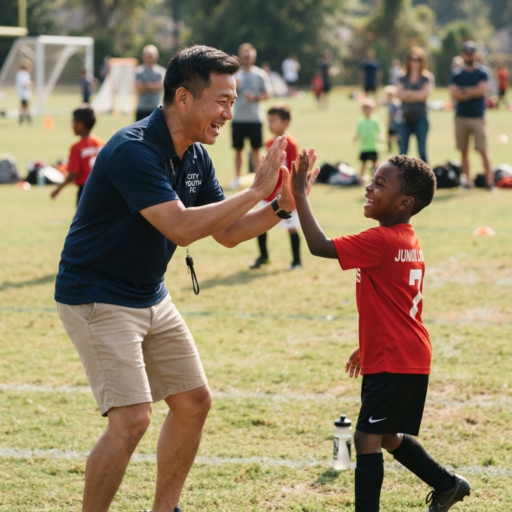 A youth football coach giving a young player a high five on the field