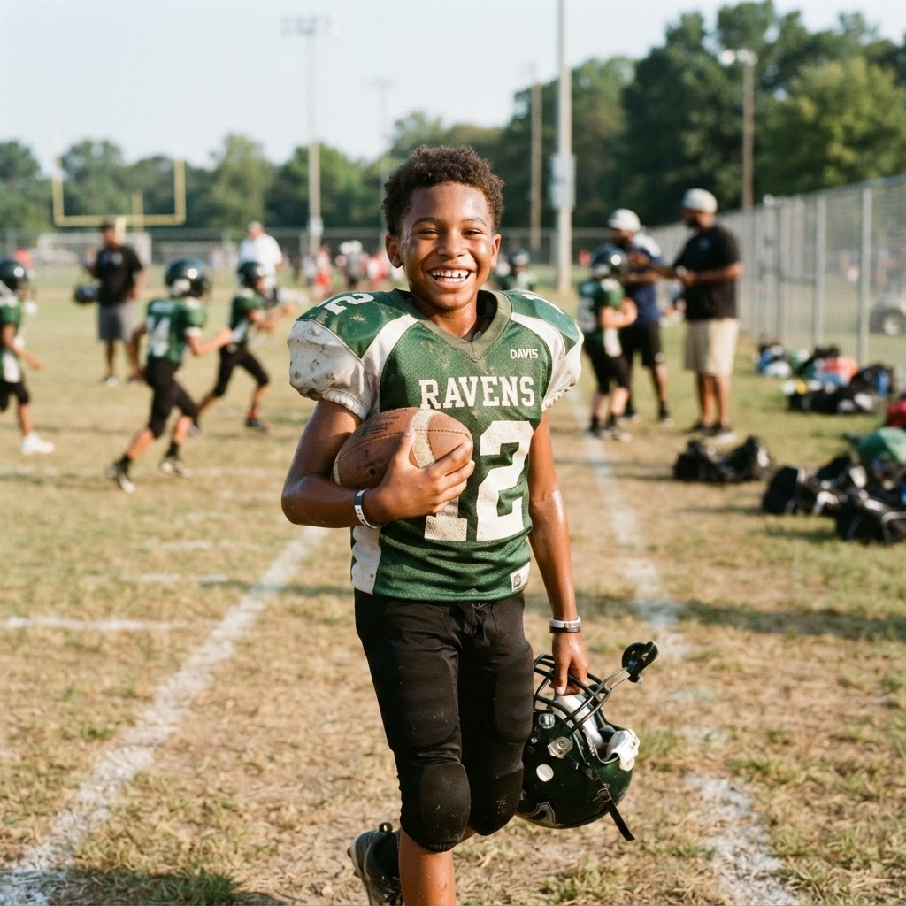 A smiling young football player on a sunny practice field
