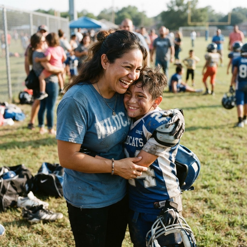 A smiling parent hugging her young football player after a game