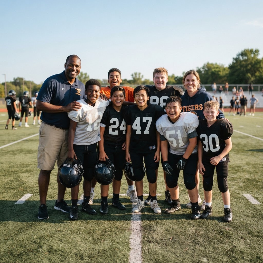 Young athletes, a parent, and a coach smiling together on the field