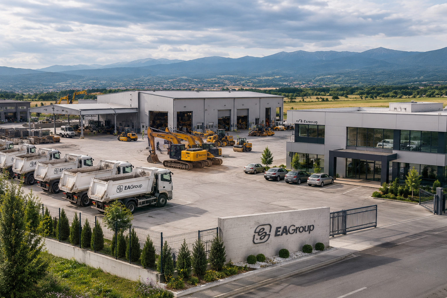 EA Group headquarters and equipment yard with mountain vista
