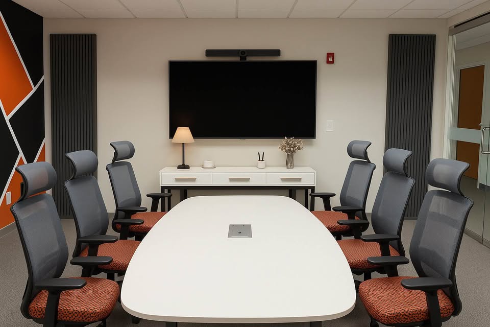 Zoom conference room with large display and acoustic panels