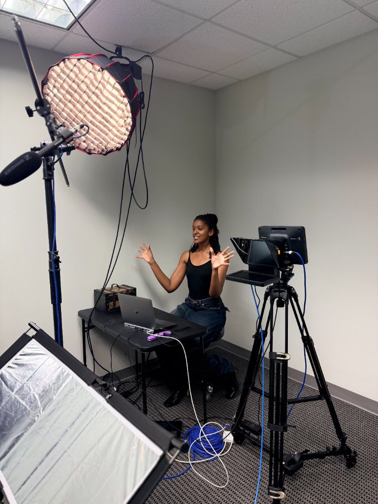 Solo recording setup with teleprompter