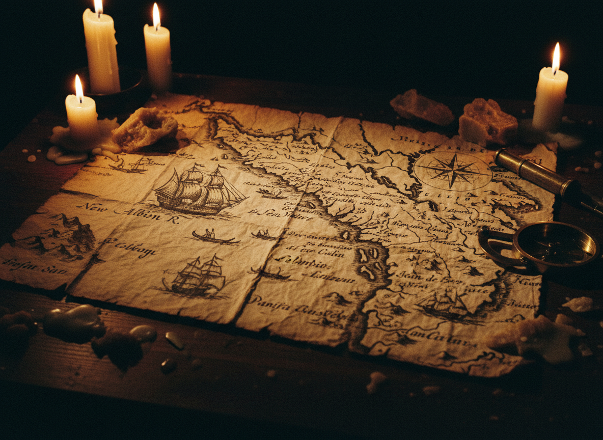 17th-century nautical chart of the Oregon coast with Manila Galleon trade routes and recovered beeswax artifacts