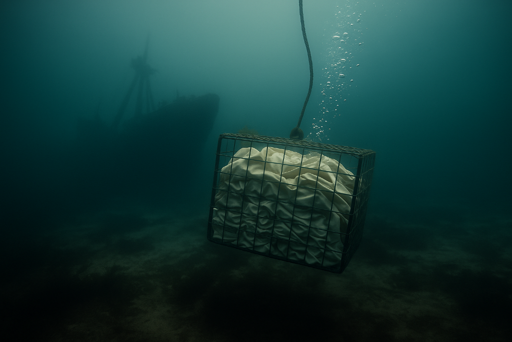 Underwater cage with t-shirts at the ocean floor