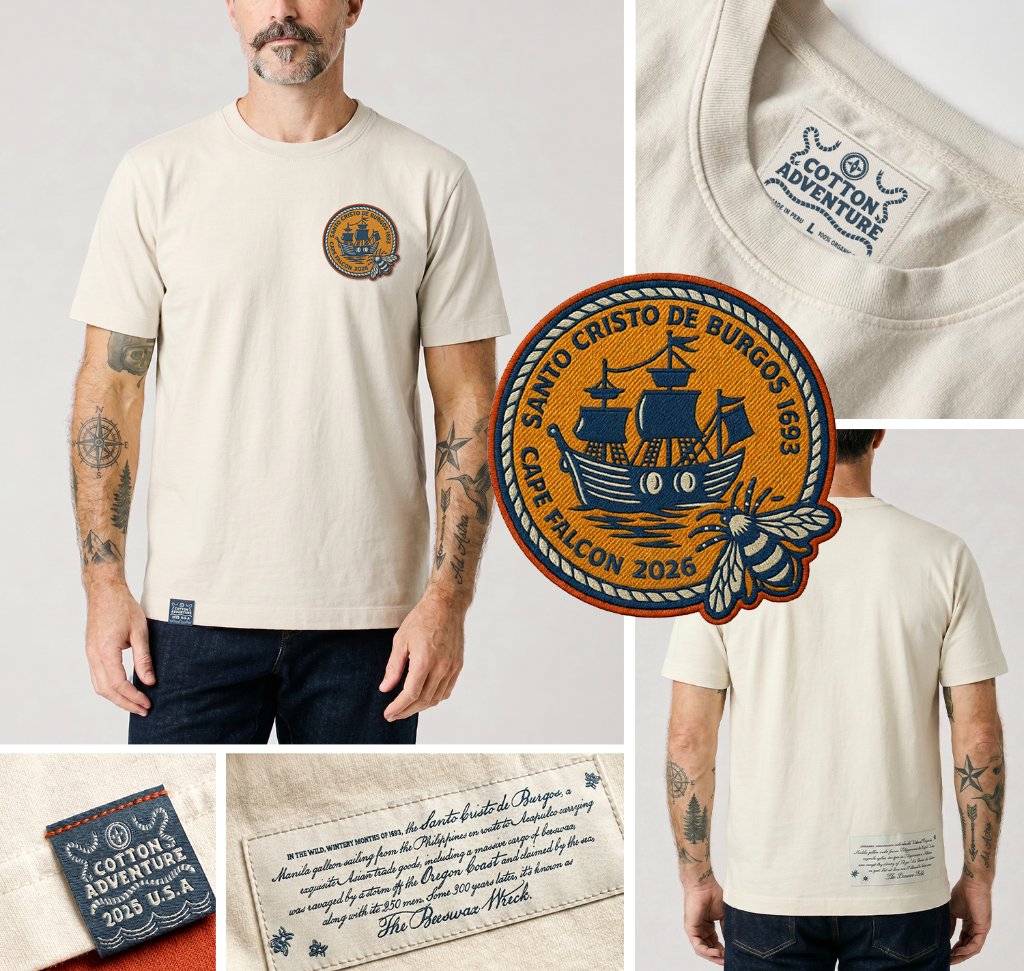 Santo Cristo de Burgos 1693 — tee mockup collage with patch, hem tag, and story label details