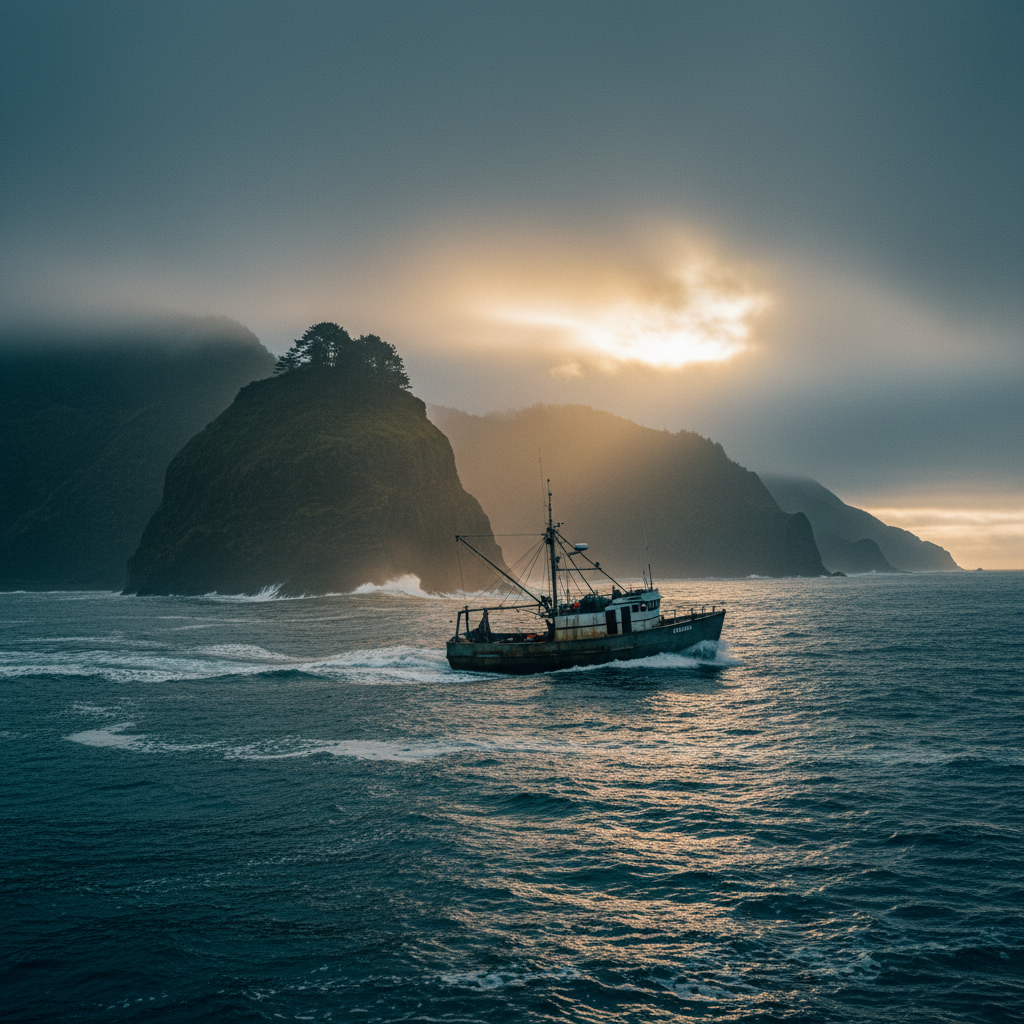 Rugged Oregon coastline with crab boat steaming through dark Pacific waters at golden hour