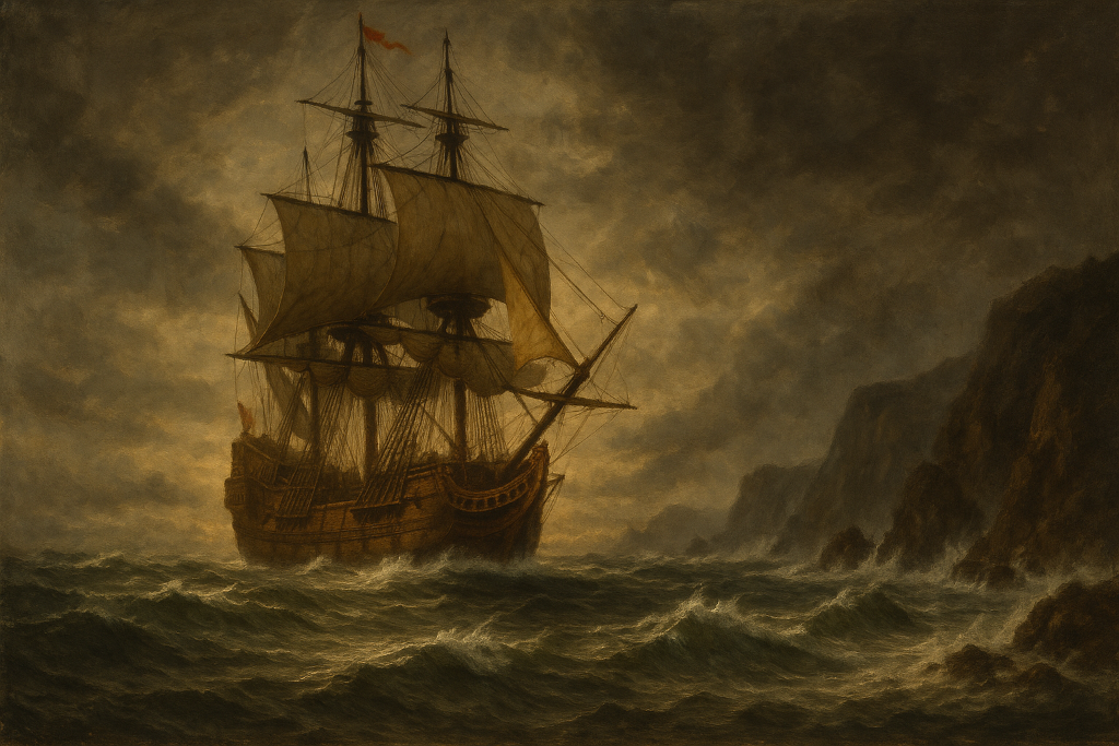 Manila Galleon ship in rough seas off the Oregon coast