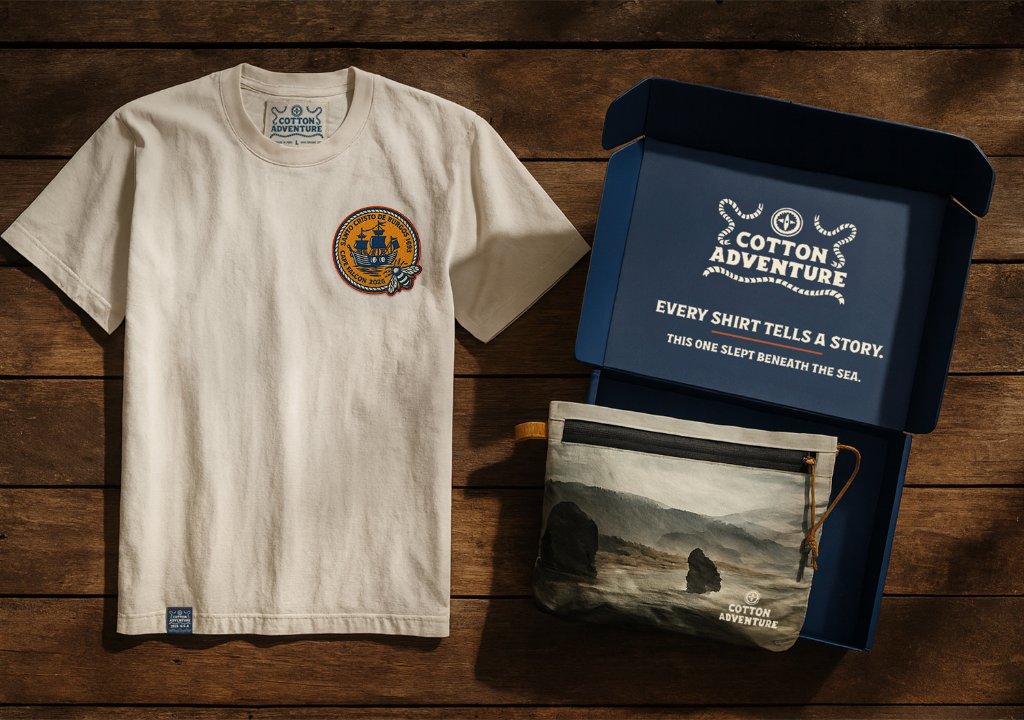 Relic kit flat lay: shirt, giftbox, and adventure pouch on weathered wood