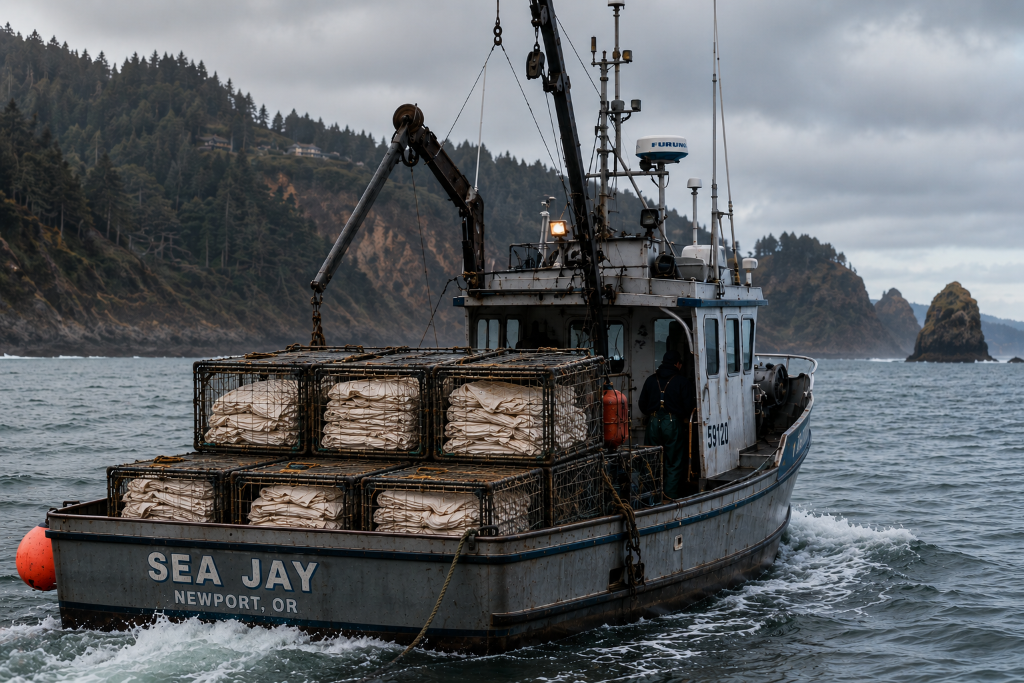 Night recovery: crane lifting salt-crusted cage from churning Pacific onto ship deck