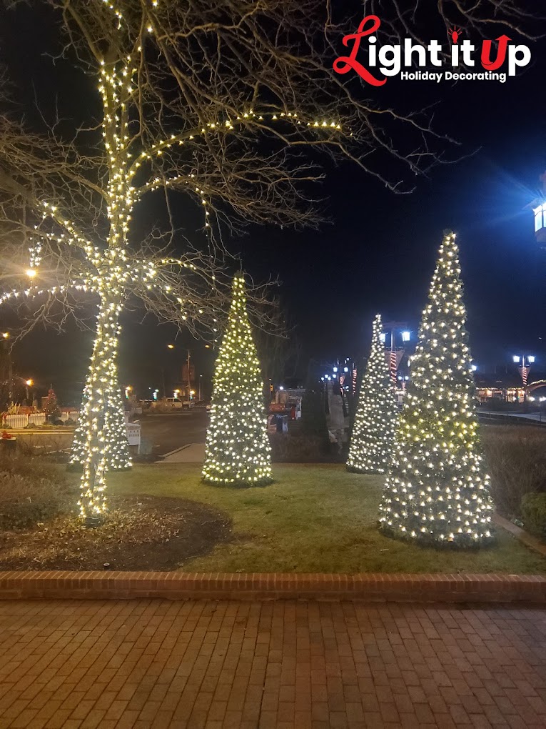 Commercial warm white lit cone trees and outer wrapped tree display