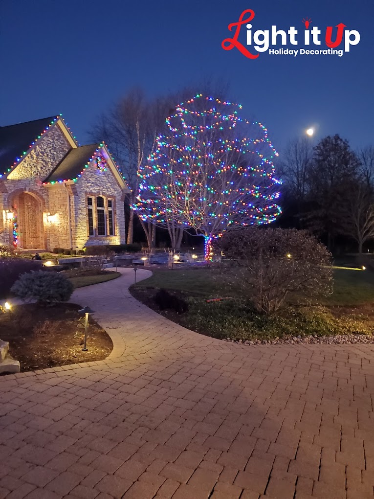 Multicolor outer wrapped tree and stone home roofline Christmas lights