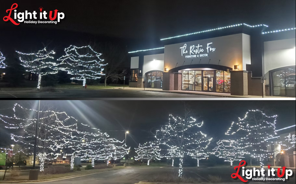 The Rustic Fox commercial storefront with white roofline lights and branch-wrapped trees