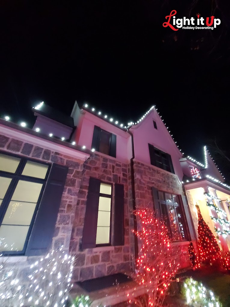 Stone home roofline with white lights, red bush lighting close-up