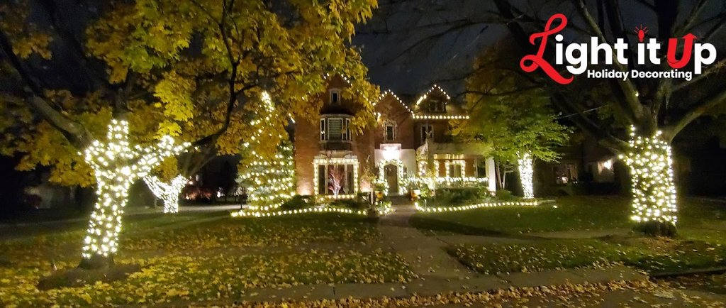 Warm white full home Christmas display with lit reindeer and roofline